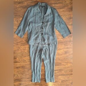 Lafayette 148 Linen Pant Suit Brown Blue Straight Leg Career Luxe Chic Size 12
